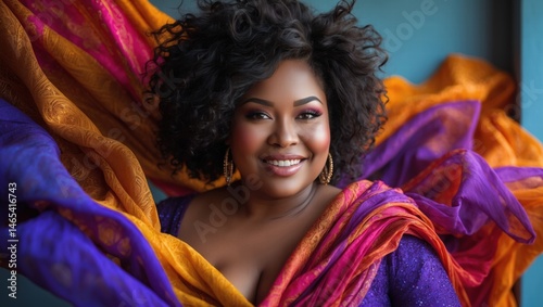 Confident plus-size woman smiling joyfully against vibrant background  