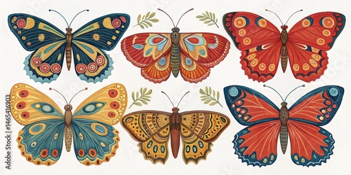A whimsically designed painting of 6 butterflies