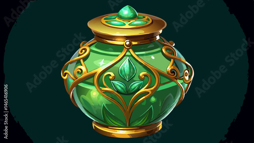 This stunning green glass jar features beautiful gold accents, embodying elegance and sophistication, perfect for decor or as a valuable collectible piece. White background