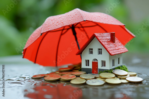 Wallpaper Mural Miniature house model sheltered by umbrella and coins Generative AI Torontodigital.ca