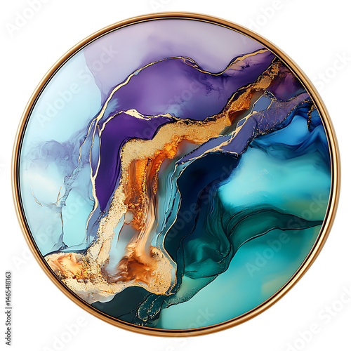 Circular Gold Framed Mirror Reflecting Modern Abstract Fluid Art Isolated on Transparent Background