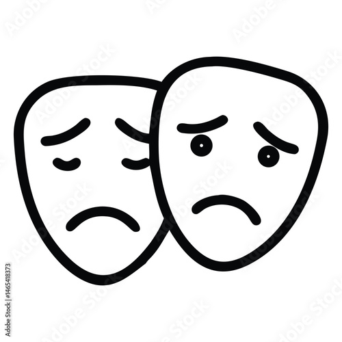 A stark line art rendering depicts two somber theater masks, conveying drama and sorrow