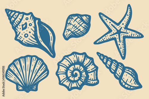 Sea shells and starfish linocut style vector set