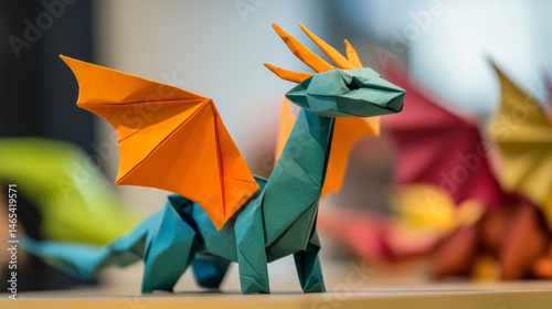 Origami dragon with vibrant orange wings soars in vivid imagination, celebrating International Paper Folding Day and mythical lore