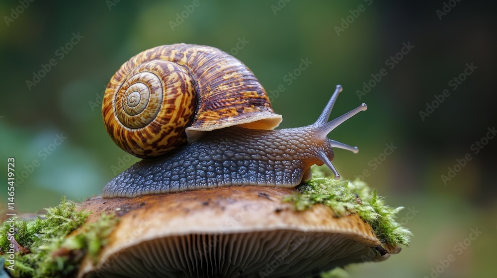 Close-up view of a snail on a mushroom in a natural setting. Close-up view of a snail on a mushroom in a natural setting.