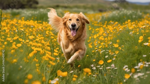 Happy golden retriever running in a field of yellow flowers