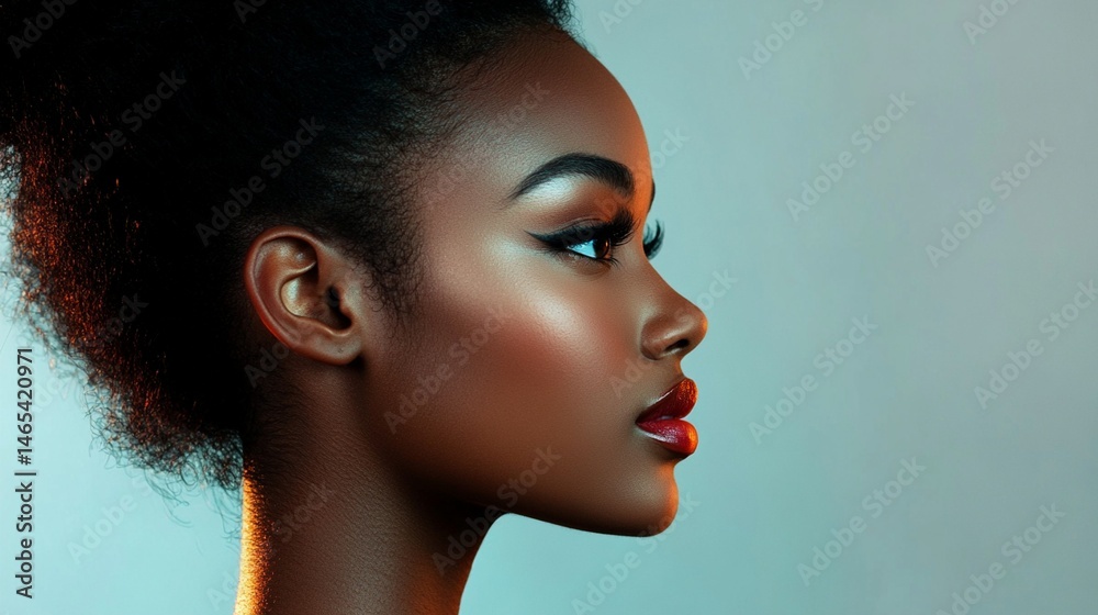 Fototapeta premium Elegant profile of a woman with radiant skin, bold makeup, and a serene expression against a soft blue-green background, capturing timeless beauty and grace.
