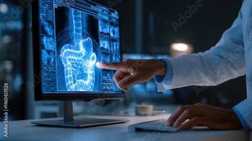 Doctor Reviewing Intestinal X-ray Scan on Digital Medical Monitor for Gastrointestinal Diagnosis