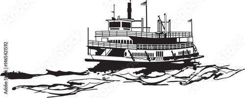 Vintage Paddle Steamer - A Detailed Black and White Vector Illustration of a Classic Riverboat on Water