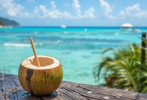 Wallpaper Mural Tropical coconut drink by clear blue ocean waters on a sunny day Torontodigital.ca