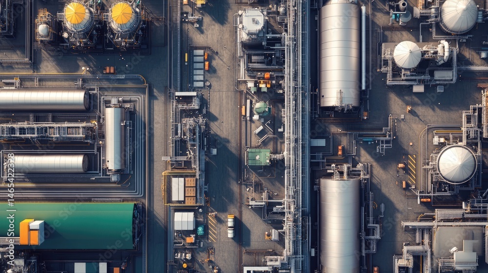 Aerial shot of a modern industrial plant with steel tanks, machinery, and shipping trucks. Aerial shot of a modern industrial plant with steel tanks, machinery, and shipping trucks.