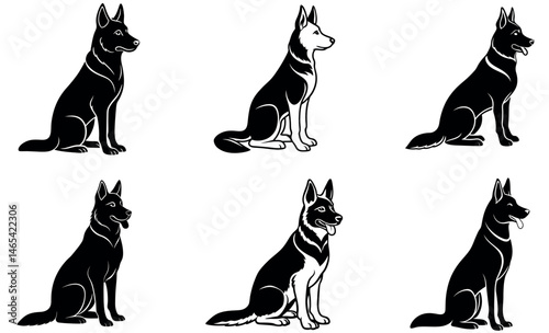  German Shepherd Dog Silhouettes in Various Poses - Black and White Vector Art