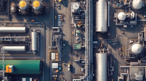 Aerial shot of a modern industrial plant with steel tanks, machinery, and shipping trucks.