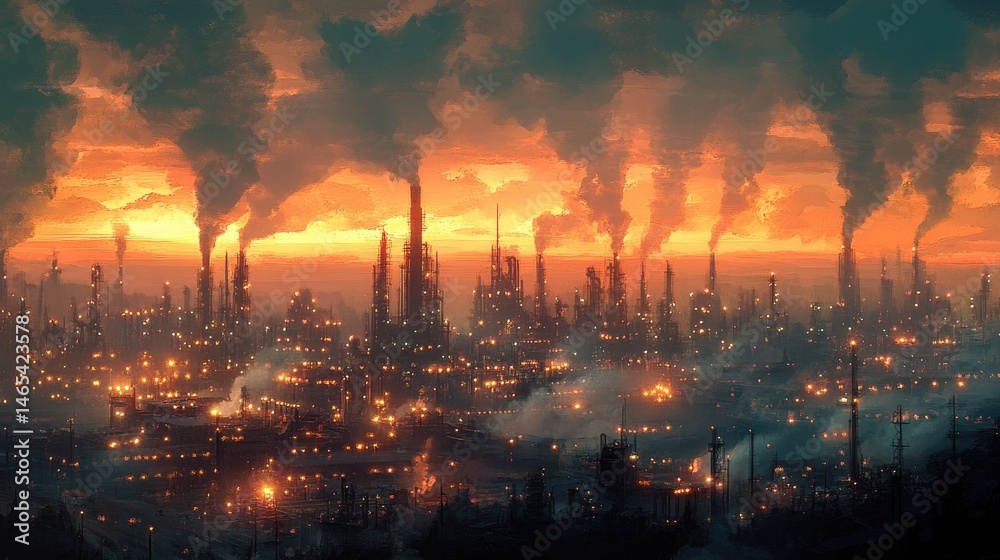 Fototapeta premium Evening light over an oil refinery with glowing lights and vapor rising from chimneys.