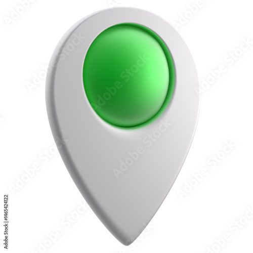 3D White Pointer Icon, with a green sphere in the middle Location symbol isolated on white background, Gps, travel, navigation, place position concept, 3d illustration