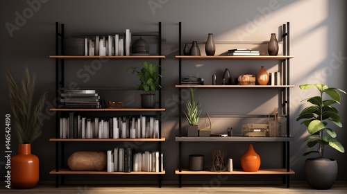 A photo of a trendy open shelving unit with decor.