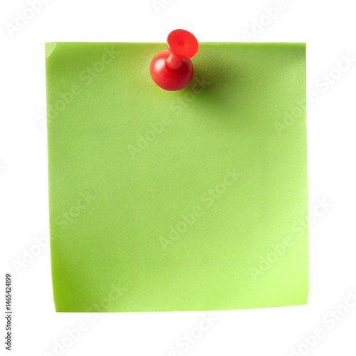 green color sticky post it note with red push pin isolated on transparent background, png