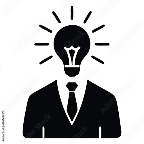 An idea light bulb head is atop business suit body, representing innovative thinking