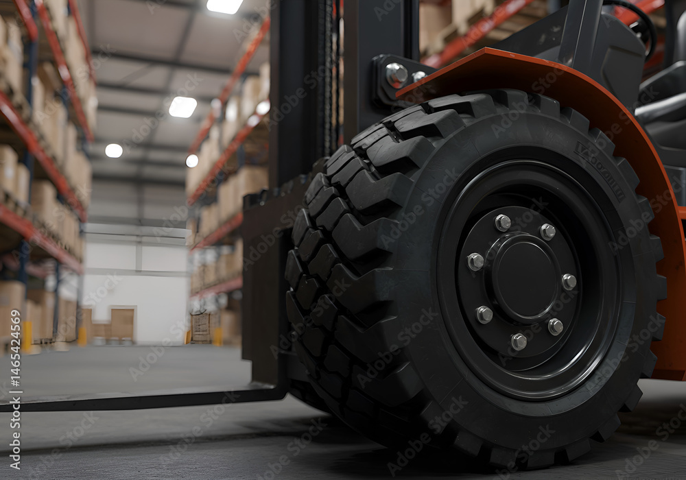Fototapeta premium Close Up shot of Industrial Forklift Wheel in Warehouse with Pallet Racks and Cardboard Boxes