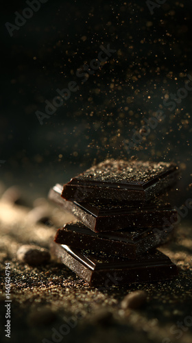 Wickedness chocolate squares a stack of dark umber squares with floating crumbs and particles in the air.