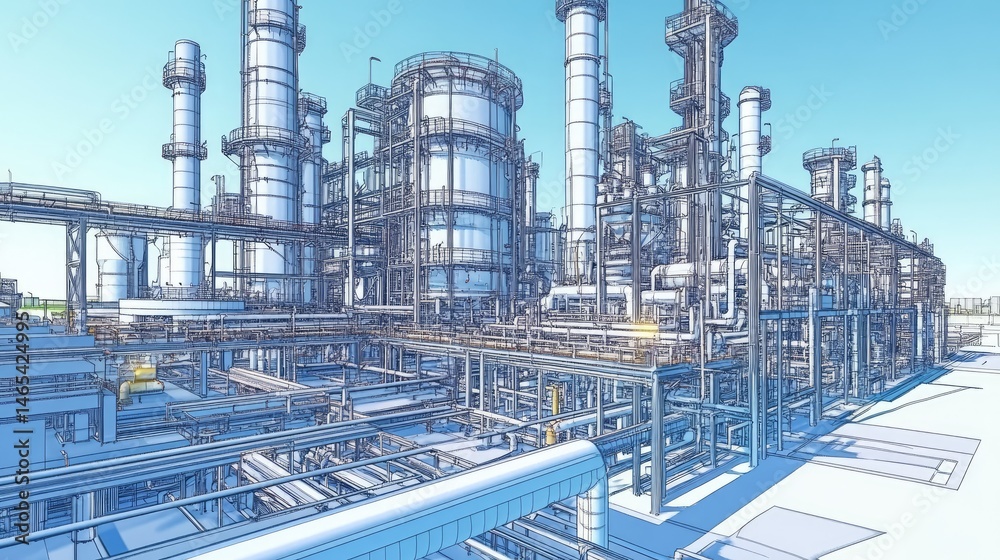 Fototapeta premium Massive chemical plant with networks of pipes and metallic walkways.
