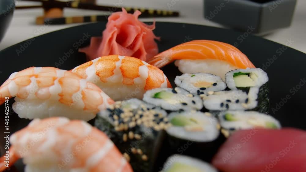 schwarzer Keramikteller mit frisch zubereitetem Sushi