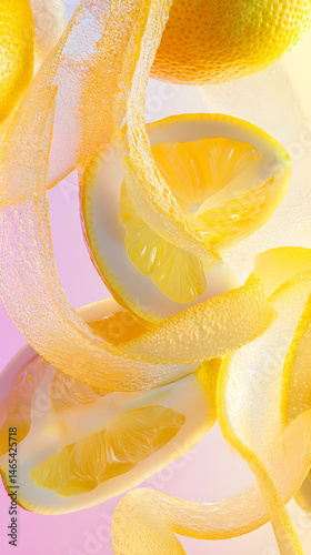 Zesty Dance of Lemon Essence: A Visual Symphony of Citrusy Whirl and Energy on Pastel Canvas
