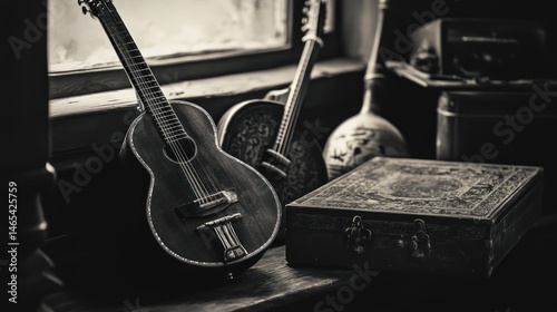 Vintage stringed instruments displayed in a dimly lit room.