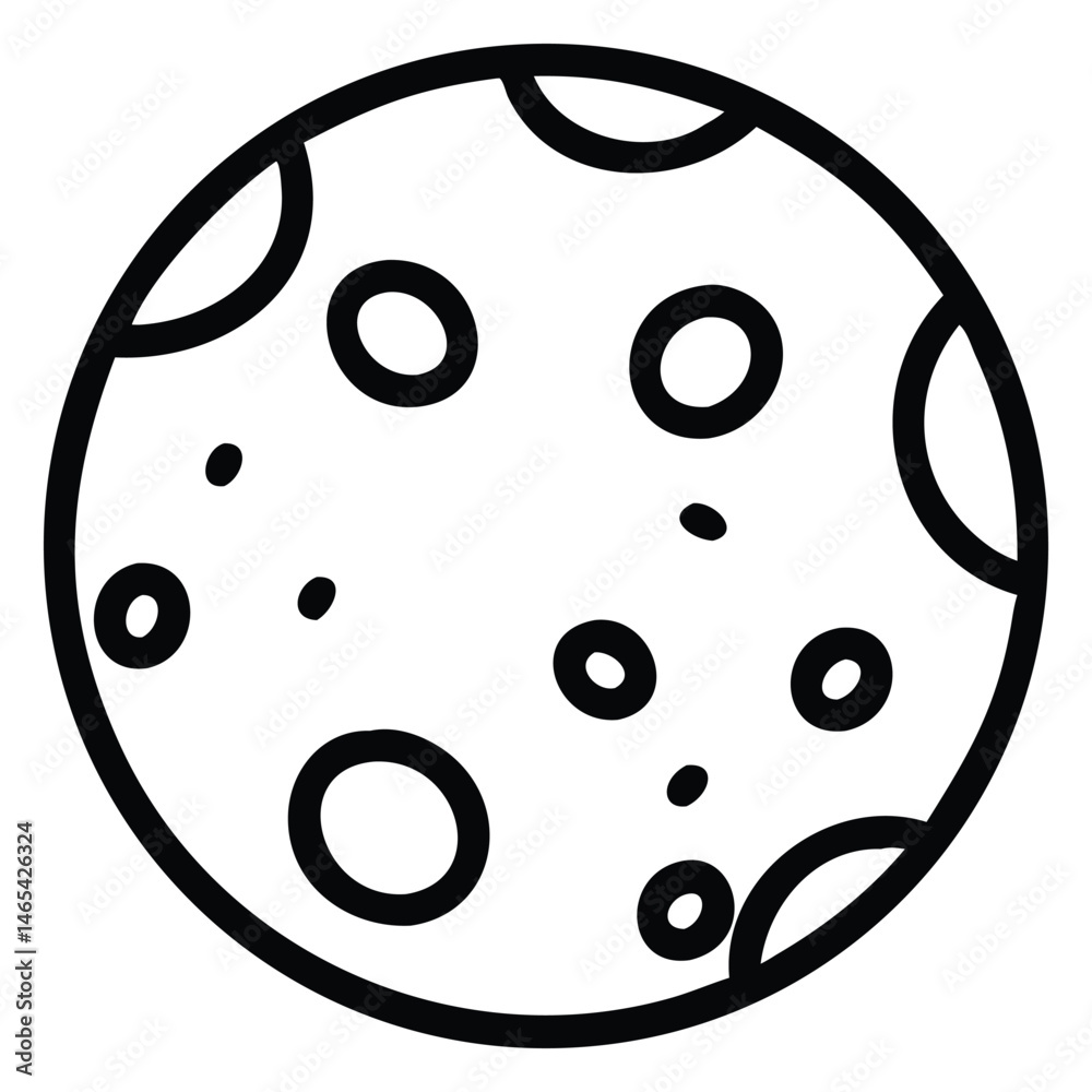 Fototapeta premium Black and white line drawing shows a celestial moon with craters and circular markings