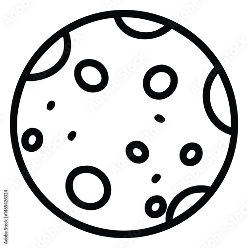 Black and white line drawing shows a celestial moon with craters and circular markings