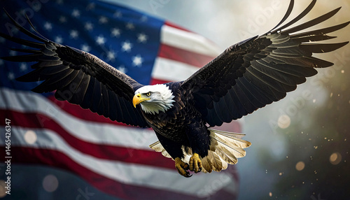 Bald Eagle soars across cinematic the sky on American Flag background. Generated Image