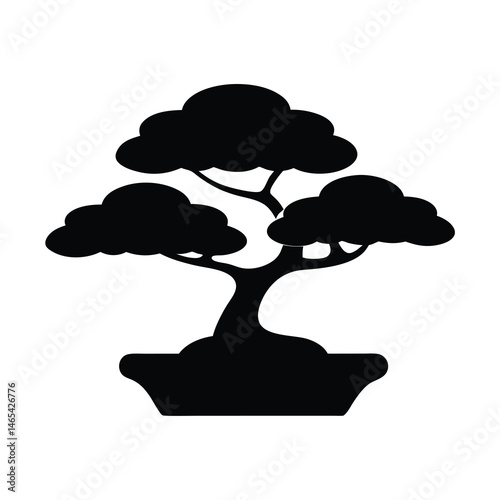 Silhouette of a stylized bonsai tree in a pot against white background
