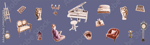 Trendy Vintage Halftone collage set antique objects: woman, bust, grand piano, easel, sofa, vase and etc. Isolated vector illustration colorful retro sticker. Vintage aesthetic, 90s vibe, nostalgic