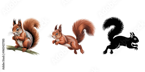 red and white squirrel, Vintage engraving isolated squirrel set illustration ink sketch. Forest background animal silhouette art. Black and white hand drawn image, Group of running squirrel silhouette