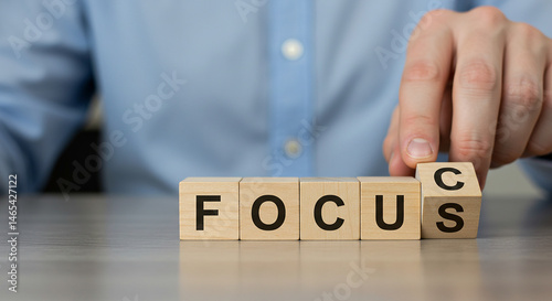 A hand arranging wooden blocks spelling focus on a gray surface with a light blue shirt background  real estate business ,technology ,selling ,purchasing ,agreement