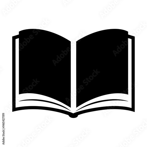 Stylized open book icon in solid black on a white background