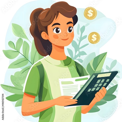 Wallpaper Mural Woman managing personal finances with calculator and documents amidst nature elements Torontodigital.ca