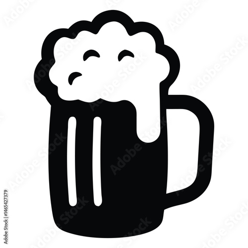 Black beer mug filled with overflowing foamy beer is displayed in the image