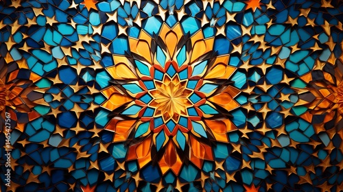 A photo of a colorful mosaic of Islamic geometric pattern