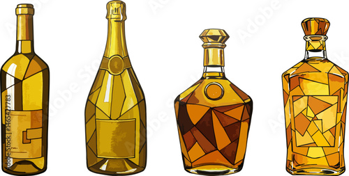 golden alcohol bottles vector set champagne, cognac, wine, tequila drawn in cubism triangle style, isolated objects for bar menu design, luxury drinks