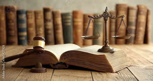 Justice scales, gavel, law book, library background