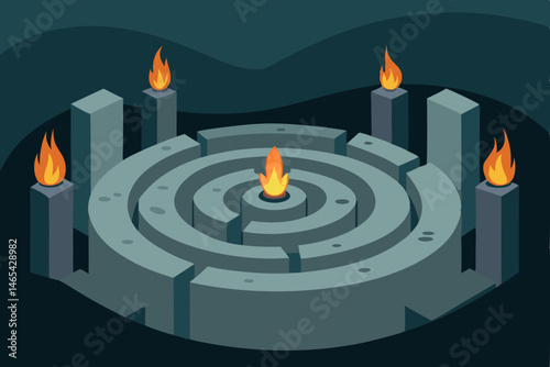 ancient stone labyrinth with flickering torches 