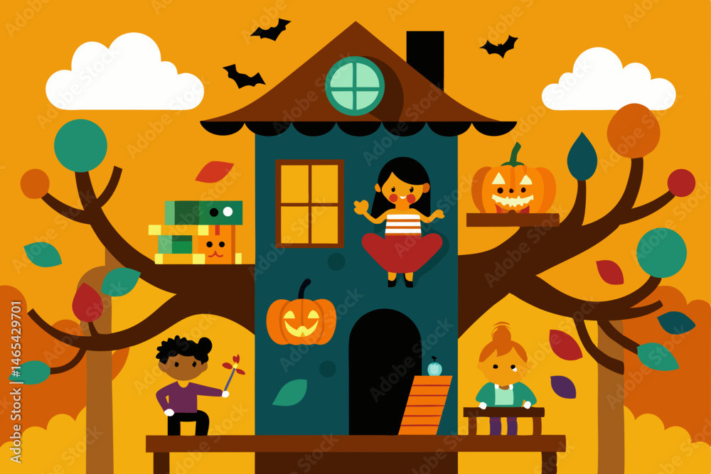 autumn treehouse full of halloween d cor and kids .svg