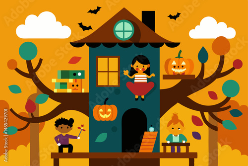 autumn treehouse full of halloween d cor and kids .svg