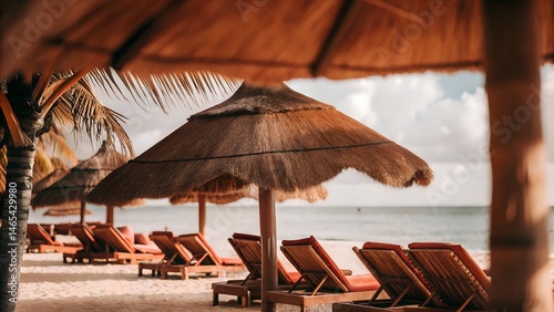 Panorama of beautiful beach with white sand, turquoise ocean and blue sky with clouds on sunny day, warm lighting. Summer tropical landscape with green palm trees and straw umbrellas