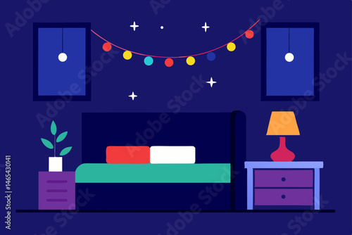 bedroom with glowing garlands along the headboard 