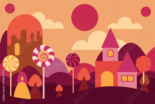 candy village at sunset  with gumdrop trees 