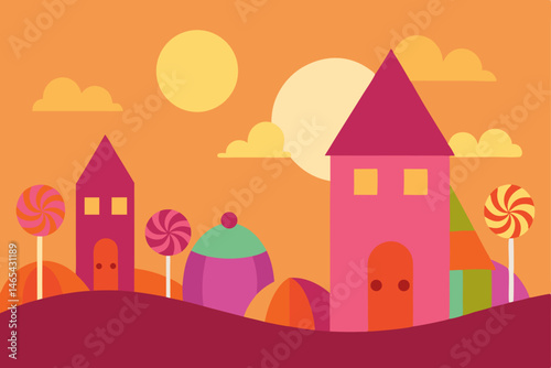 candy village at sunset  with gumdrop trees and ha.svg