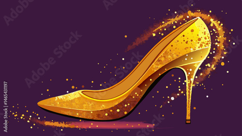 A stunning sparkling golden high heel shoe leaps into the air, radiating glamour and excitement with glitter particles enhancing its appeal for fashion 