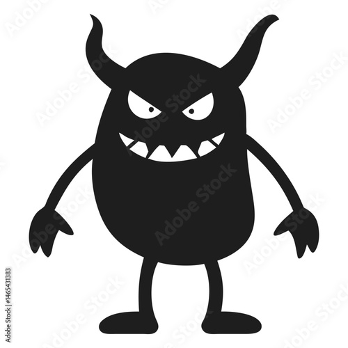 Black silhouette of a cartoonish horned monster stares menacingly with sharp teeth showing